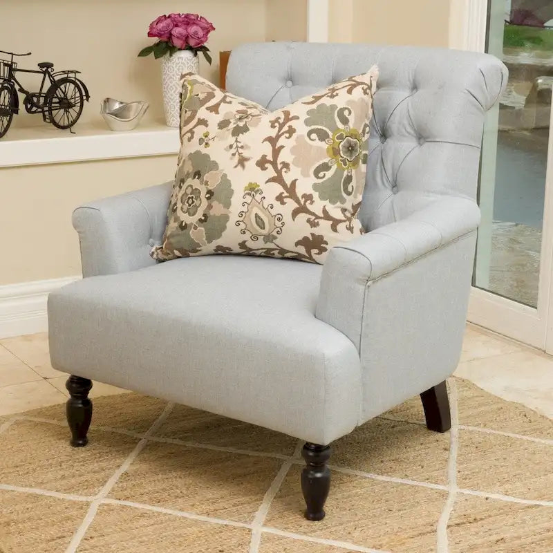 Tufted Club Armchair with Rolled Backrest – Beige / Teal / Gray, 1-Seat