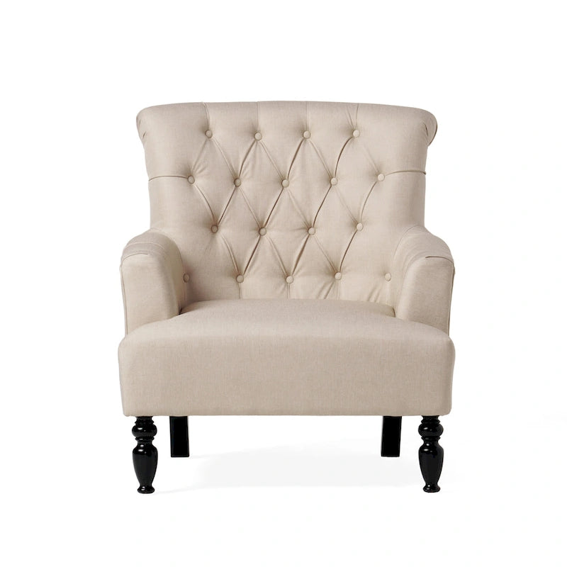 Tufted Club Armchair with Rolled Backrest – Beige / Teal / Gray, 1-Seat