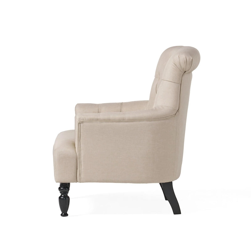Tufted Club Armchair with Rolled Backrest – Beige / Teal / Gray, 1-Seat