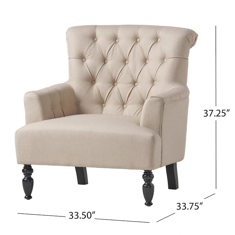 Tufted Club Armchair with Rolled Backrest – Beige / Teal / Gray, 1-Seat
