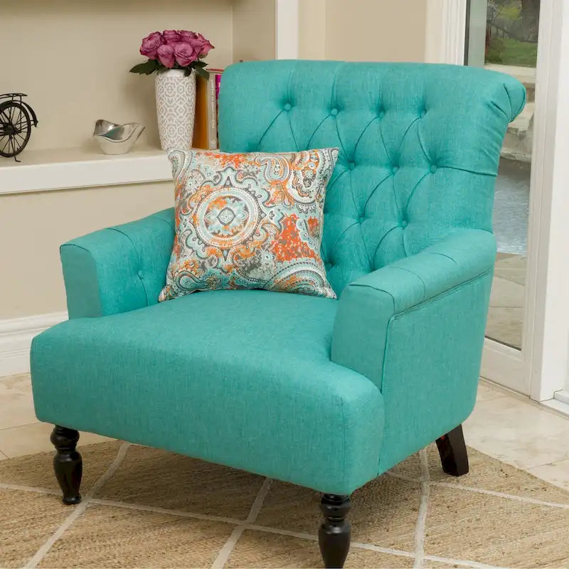 Tufted Club Armchair with Rolled Backrest – Beige / Teal / Gray, 1-Seat
