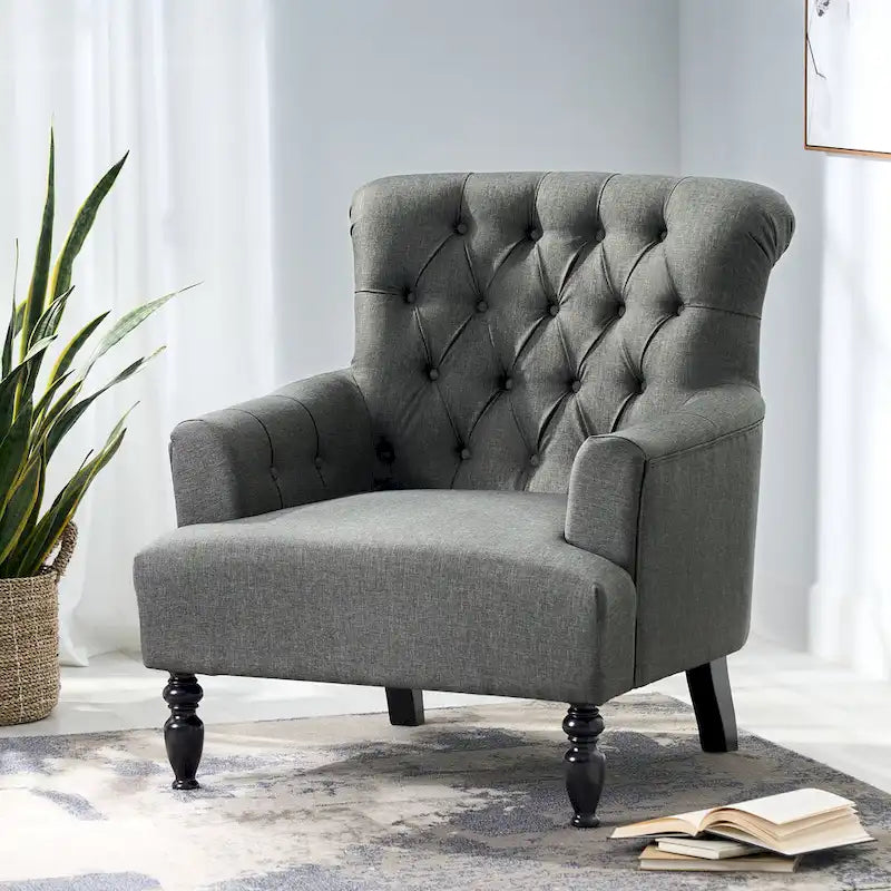 Tufted Club Armchair with Rolled Backrest – Beige / Teal / Gray, 1-Seat
