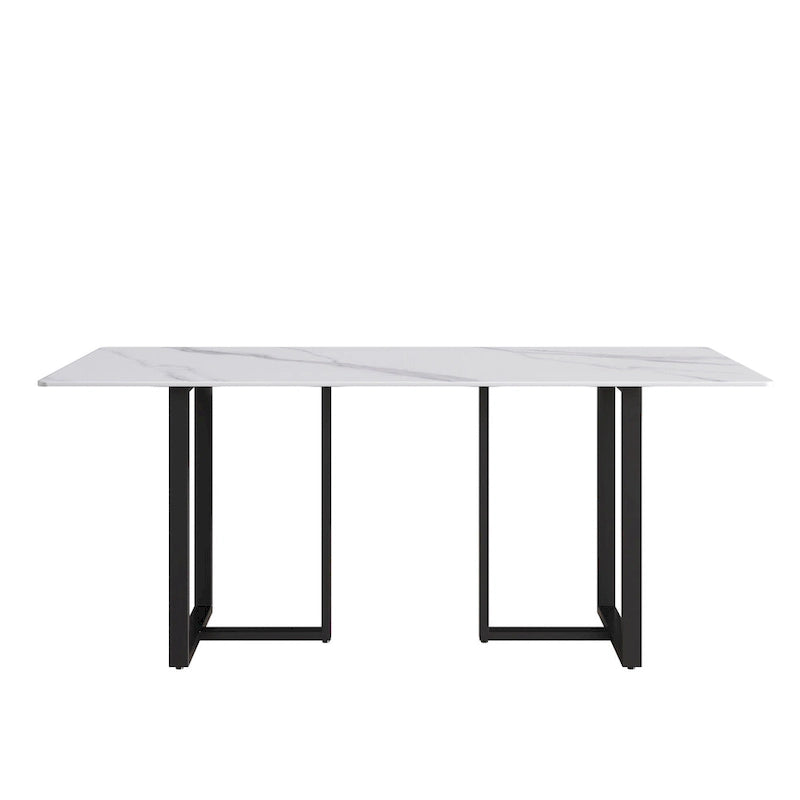 71 White Marble Dining Table for 6-8,Rectangular Tabletop and Triangular Carbon Steel Legs