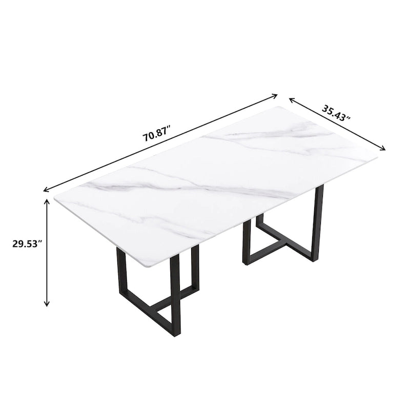 71 White Marble Dining Table for 6-8,Rectangular Tabletop and Triangular Carbon Steel Legs