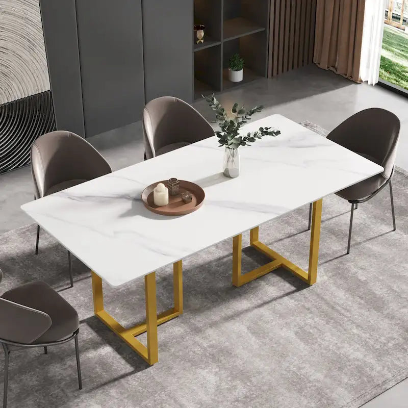 71 White Marble Dining Table for 6-8,Rectangular Tabletop and Triangular Carbon Steel Legs
