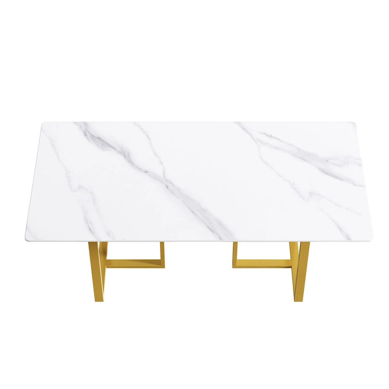 71 White Marble Dining Table for 6-8,Rectangular Tabletop and Triangular Carbon Steel Legs
