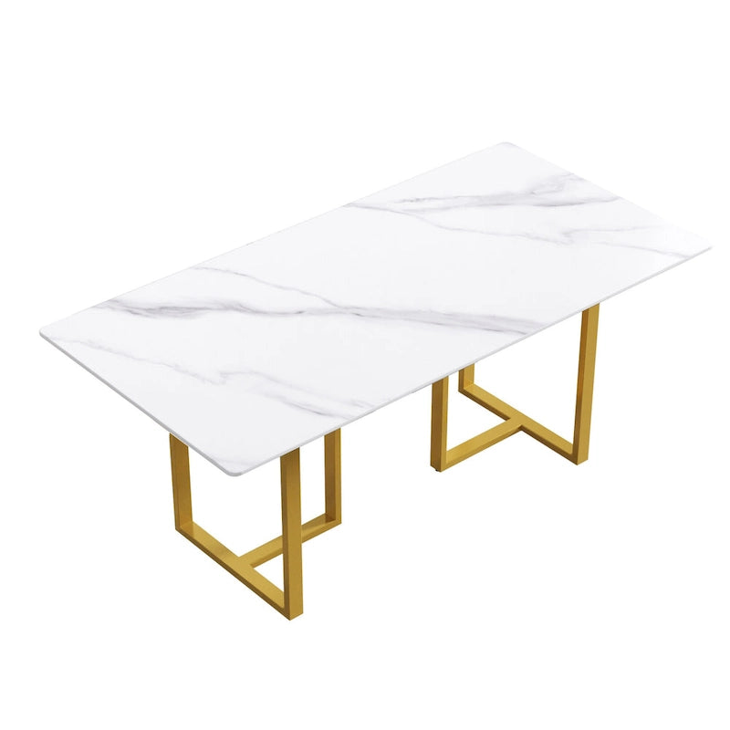 71 White Marble Dining Table for 6-8,Rectangular Tabletop and Triangular Carbon Steel Legs