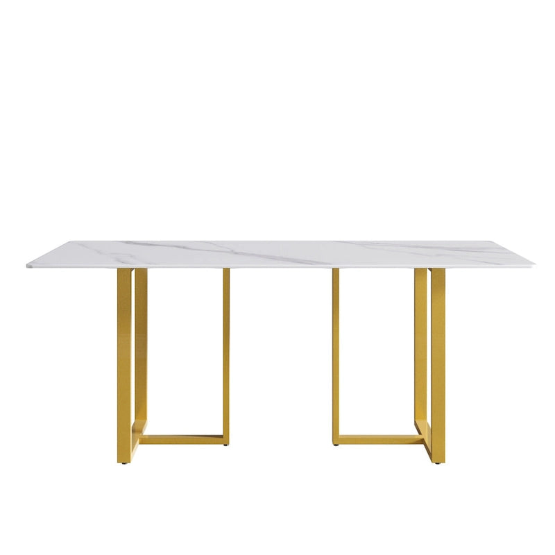 71 White Marble Dining Table for 6-8,Rectangular Tabletop and Triangular Carbon Steel Legs