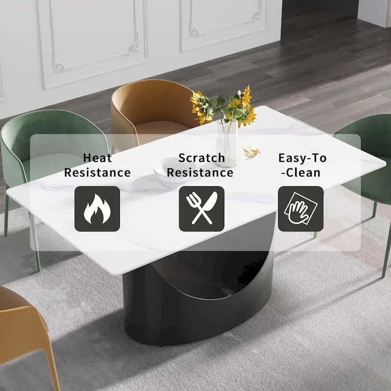 71 White Marble Dining Table for 6-8,Rectangular Tabletop and Triangular Carbon Steel Legs