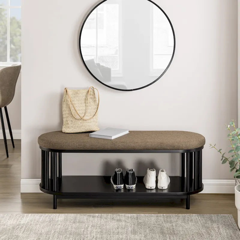 Black/Brown Upholstered Storage Bench with Lower Shelf, Seats 2