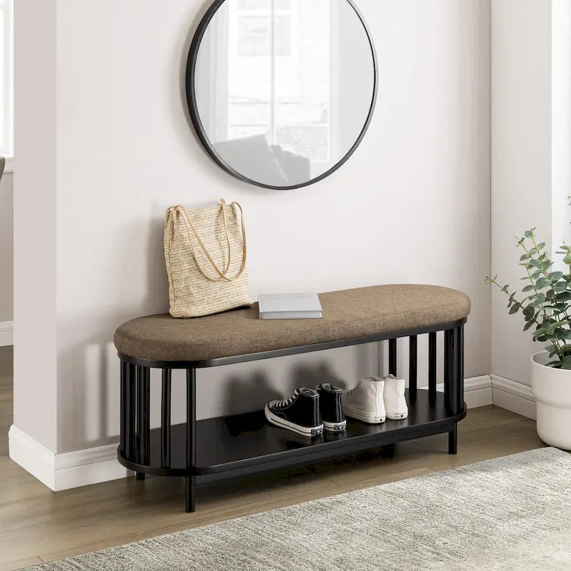 Black/Brown Upholstered Storage Bench with Lower Shelf, Seats 2