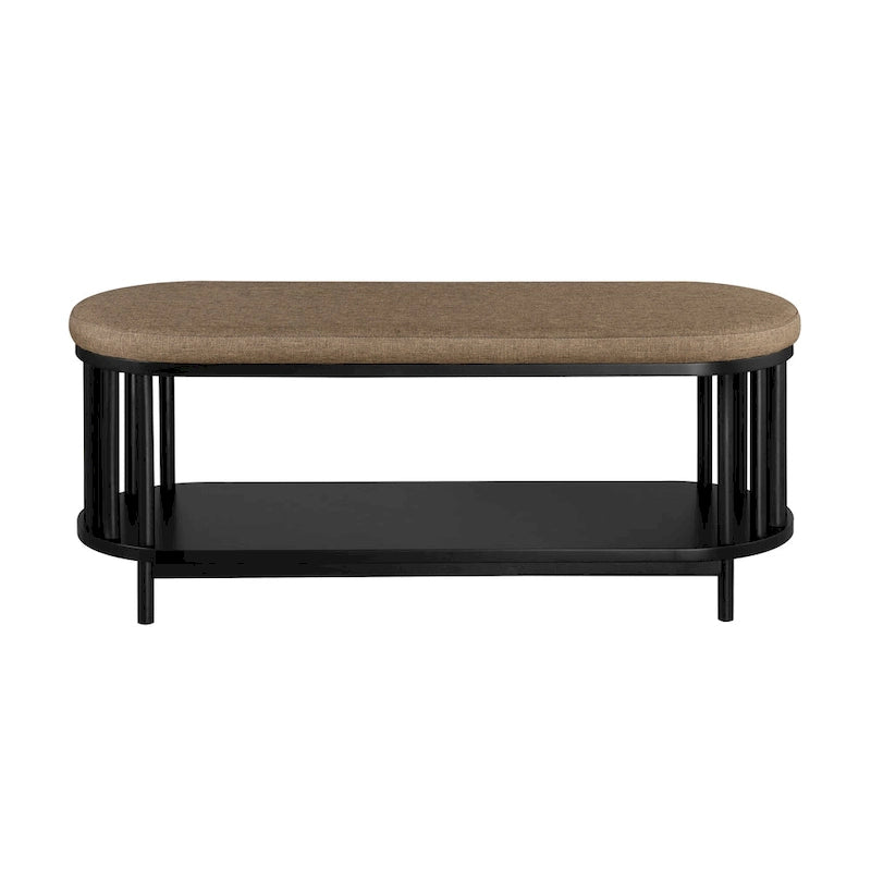Black/Brown Upholstered Storage Bench with Lower Shelf, Seats 2