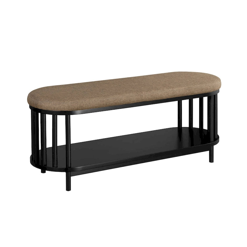 Black/Brown Upholstered Storage Bench with Lower Shelf, Seats 2