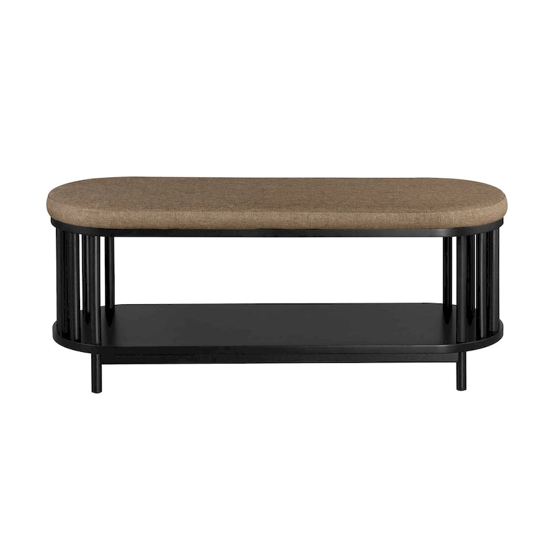 Black/Brown Upholstered Storage Bench with Lower Shelf, Seats 2