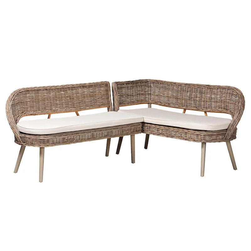 Greywashed & White Rattan Corner Bench Set, 2-Piece, 2-Person