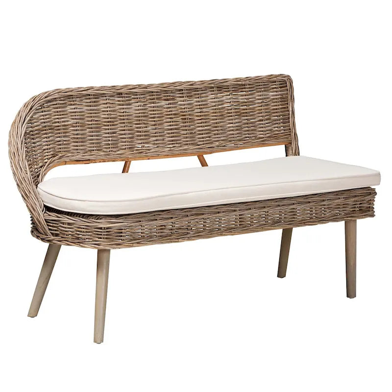 Greywashed & White Rattan Corner Bench Set, 2-Piece, 2-Person