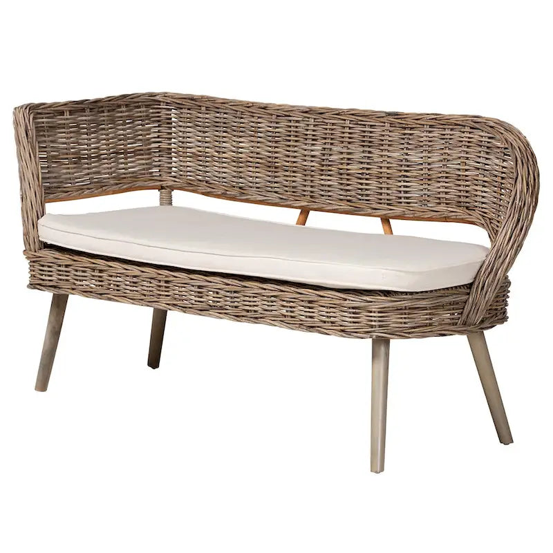 Greywashed & White Rattan Corner Bench Set, 2-Piece, 2-Person