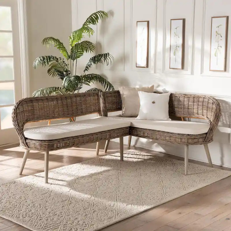 Greywashed & White Rattan Corner Bench Set, 2-Piece, 2-Person