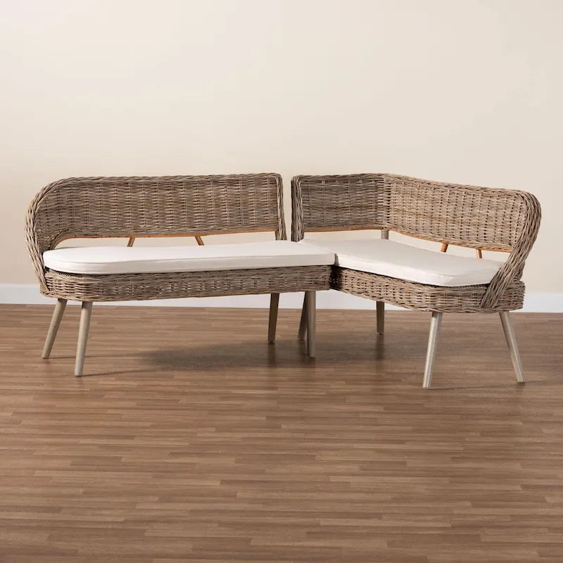 Greywashed & White Rattan Corner Bench Set, 2-Piece, 2-Person