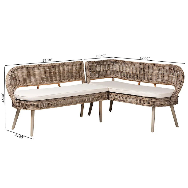 Greywashed & White Rattan Corner Bench Set, 2-Piece, 2-Person