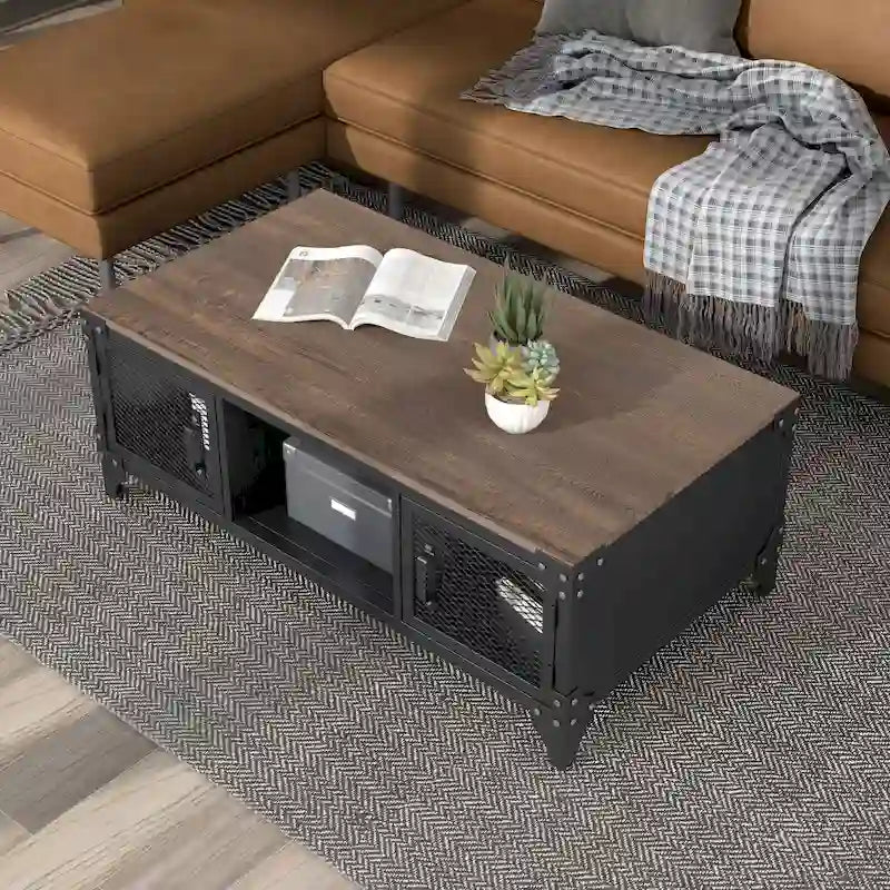Conner Rustic Black and Dark Walnut 48-inch Steel Storage Coffee Table by Furniture of America