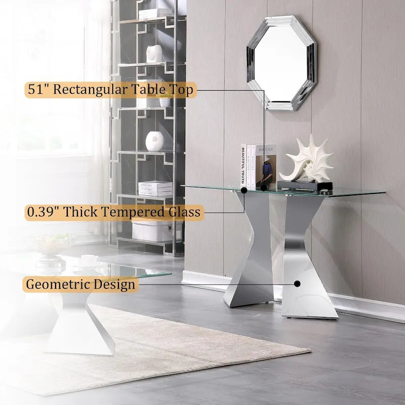 Silver / Gold Console Table, Contemporary Style, 51" Tempered Glass Top