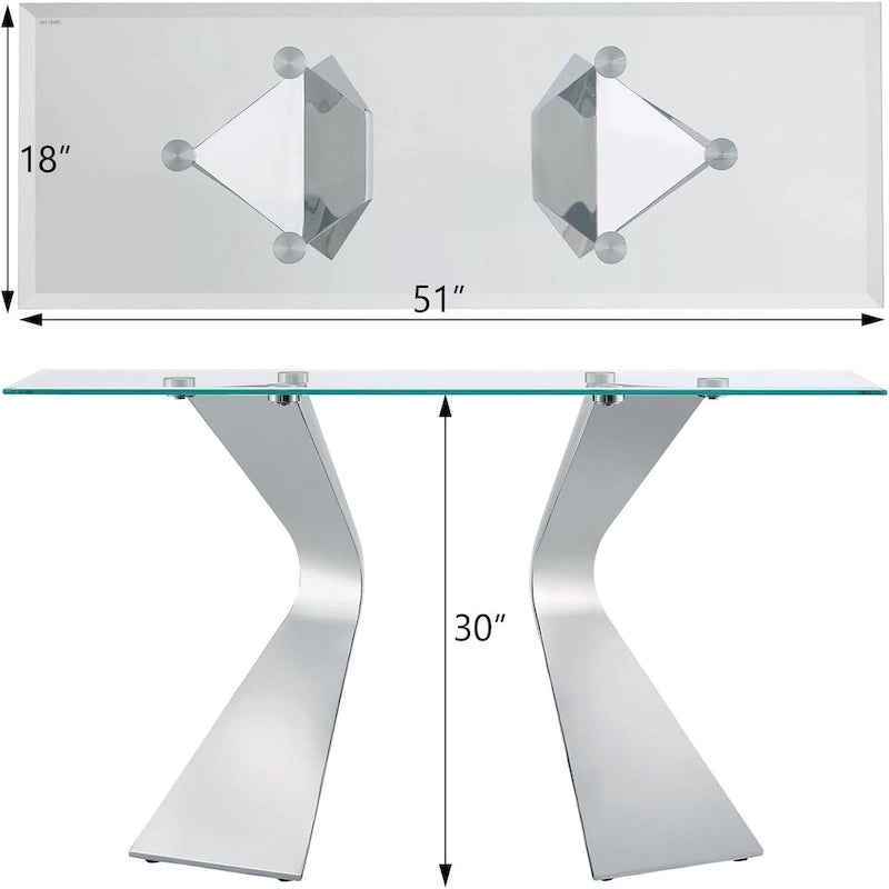Silver / Gold Console Table, Contemporary Style, 51" Tempered Glass Top