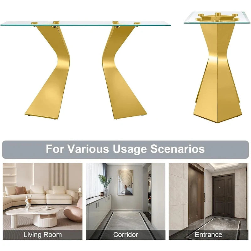 Silver / Gold Console Table, Contemporary Style, 51" Tempered Glass Top