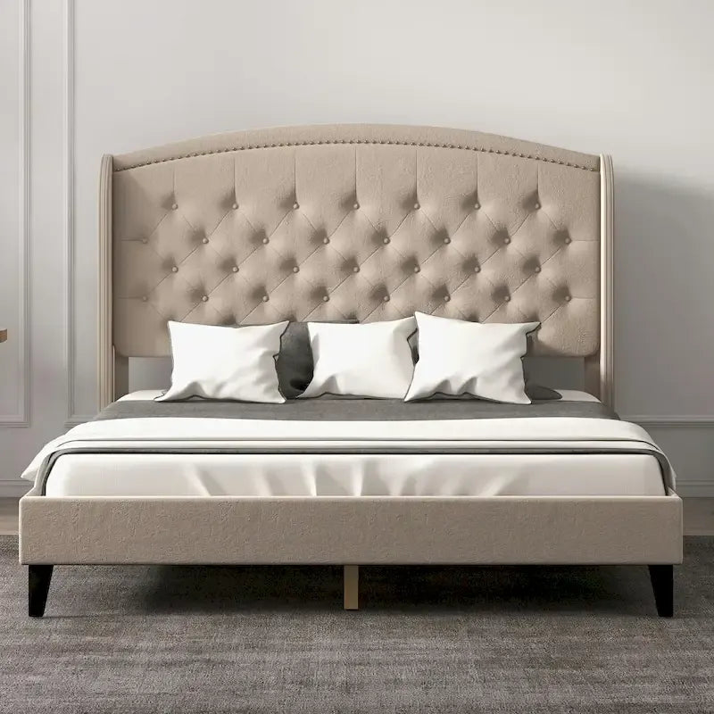 Beige / Grey / Black Velvet Wingback Upholstered Bed Frame, Full Size, For 2