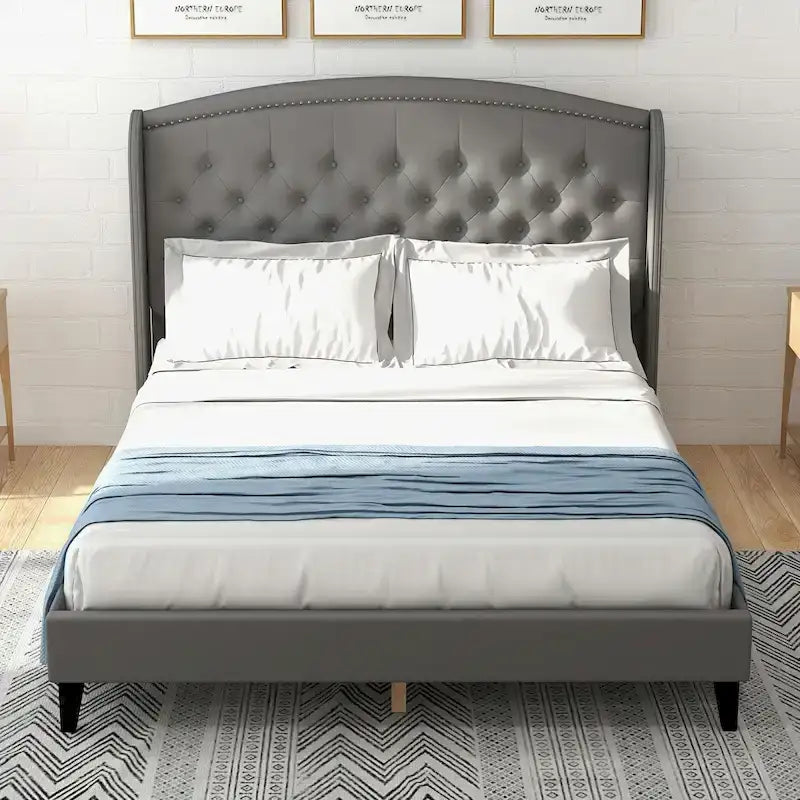 Beige / Grey / Black Velvet Wingback Upholstered Bed Frame, Full Size, For 2