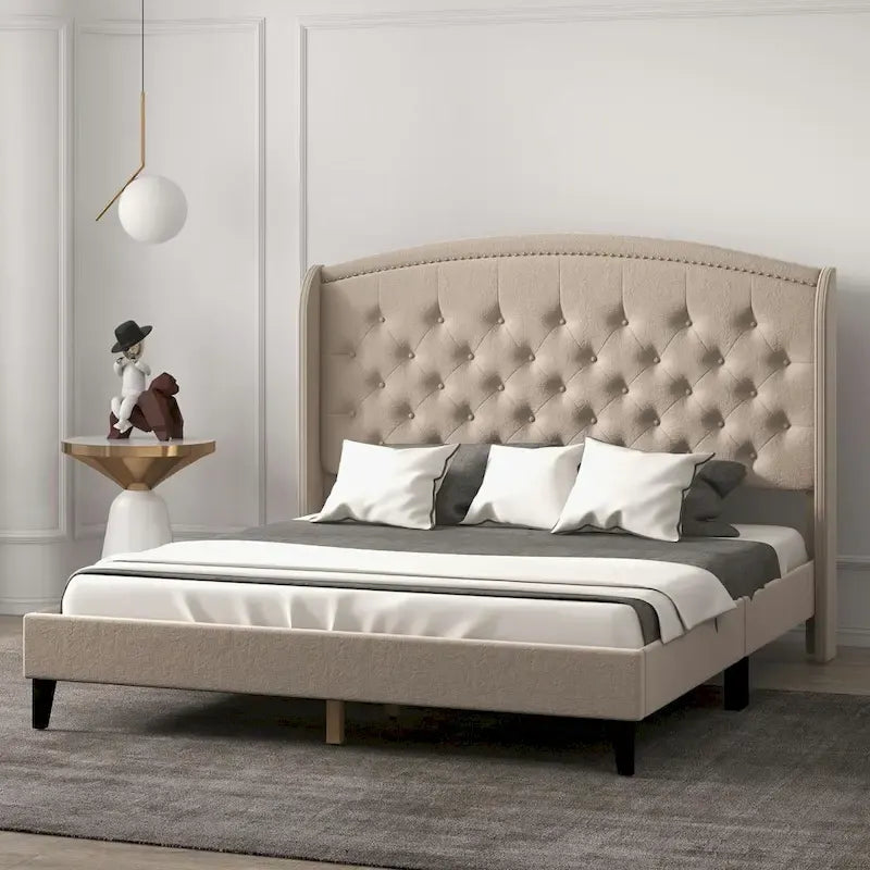Beige / Grey / Black Velvet Wingback Upholstered Bed Frame, Full Size, For 2