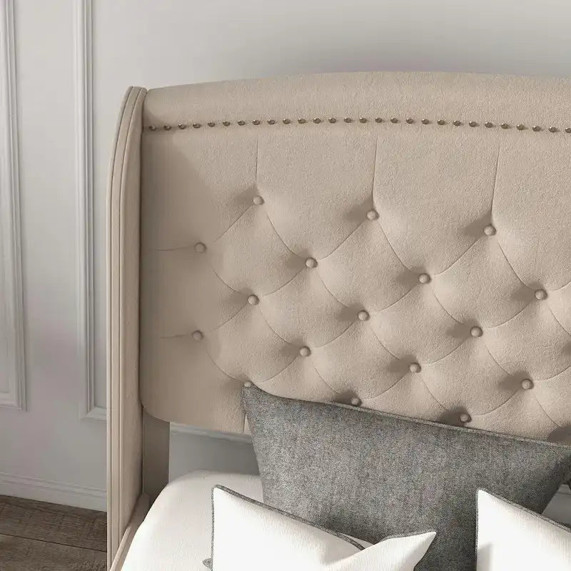Beige / Grey / Black Velvet Wingback Upholstered Bed Frame, Full Size, For 2