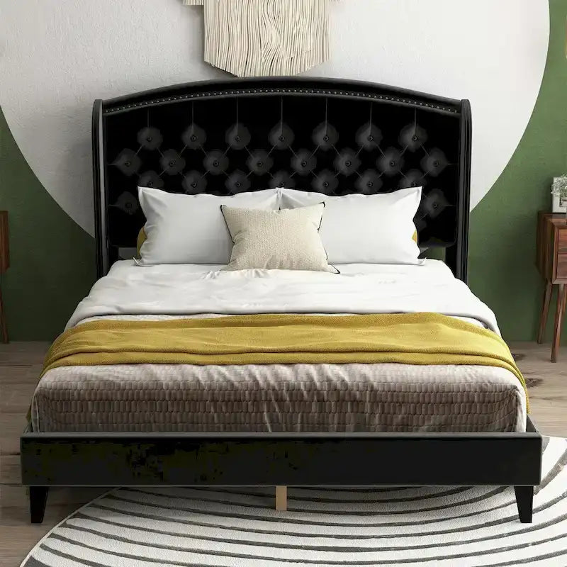 Beige / Grey / Black Velvet Wingback Upholstered Bed Frame, Full Size, For 2