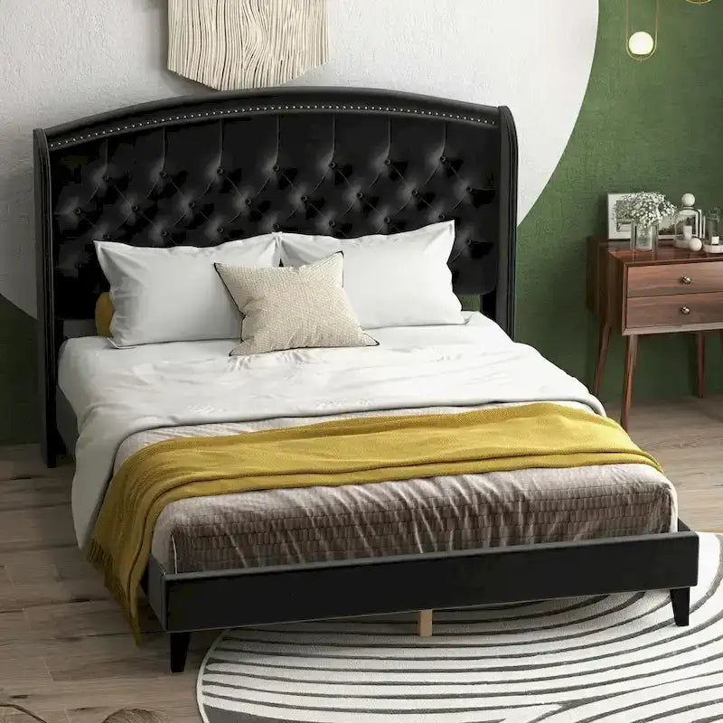Beige / Grey / Black Velvet Wingback Upholstered Bed Frame, Full Size, For 2