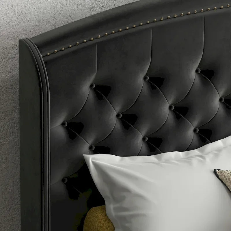 Beige / Grey / Black Velvet Wingback Upholstered Bed Frame, Full Size, For 2