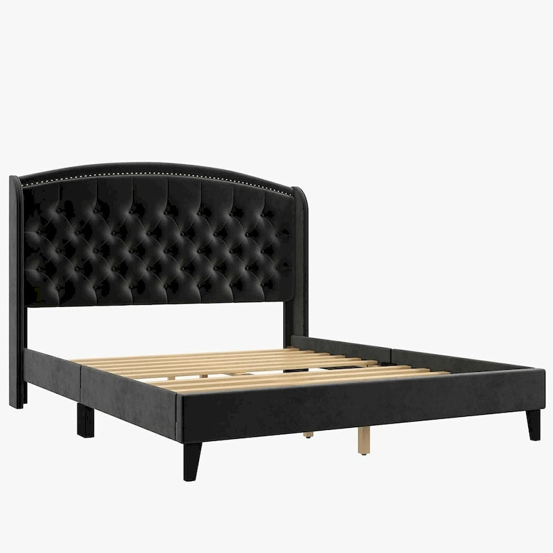 Beige / Grey / Black Velvet Wingback Upholstered Bed Frame, Full Size, For 2
