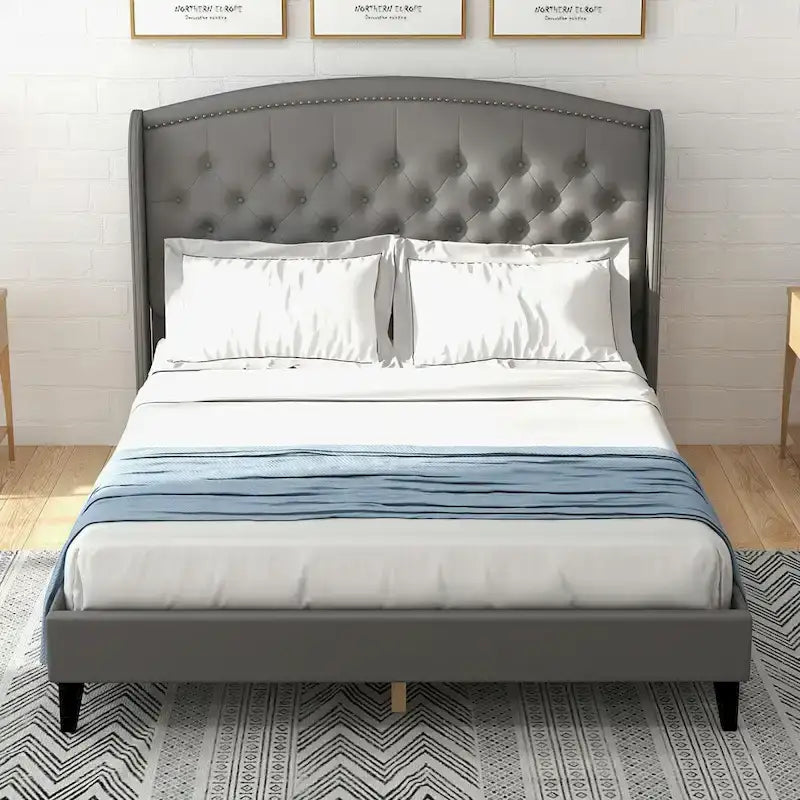 Beige / Grey / Black Velvet Wingback Upholstered Bed Frame, Full Size, For 2