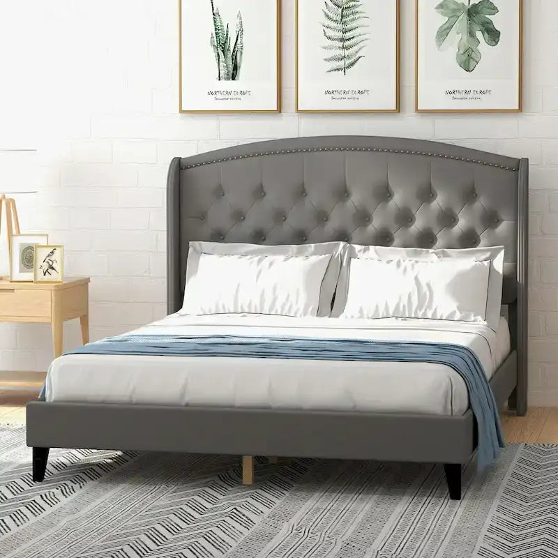 Beige / Grey / Black Velvet Wingback Upholstered Bed Frame, Full Size, For 2