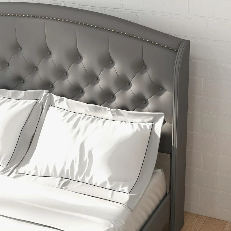 Beige / Grey / Black Velvet Wingback Upholstered Bed Frame, Full Size, For 2
