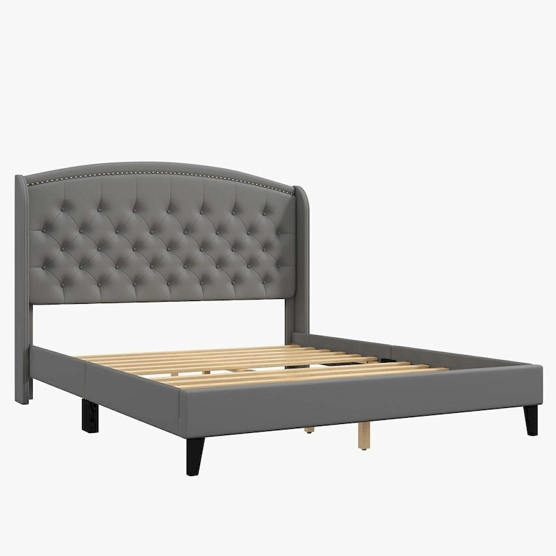 Beige / Grey / Black Velvet Wingback Upholstered Bed Frame, Full Size, For 2
