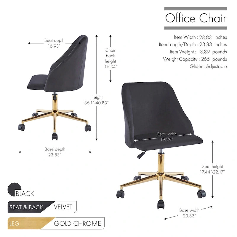 Velvet Swivel Office Chair with Gold Legs, Armless, Single Seat