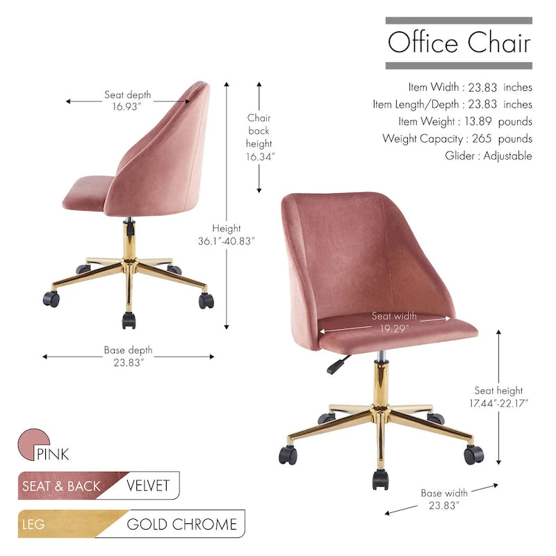 Velvet Swivel Office Chair with Gold Legs, Armless, Single Seat