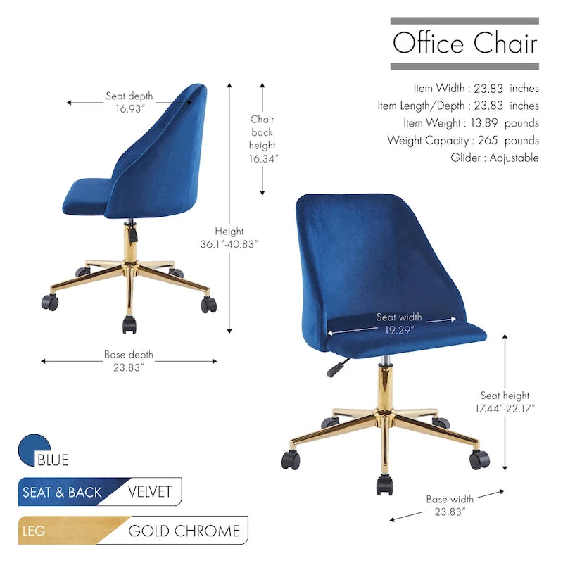 Velvet Swivel Office Chair with Gold Legs, Armless, Single Seat