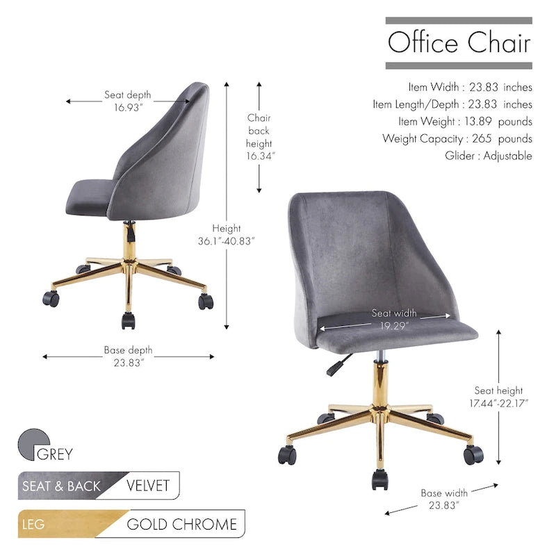 Velvet Swivel Office Chair with Gold Legs, Armless, Single Seat