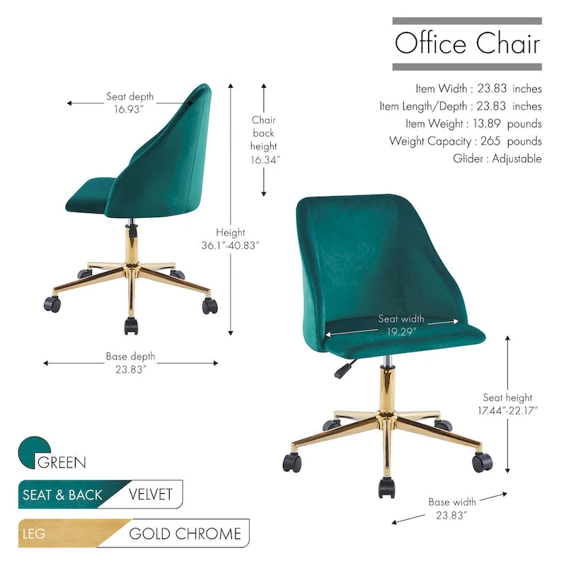 Velvet Swivel Office Chair with Gold Legs, Armless, Single Seat