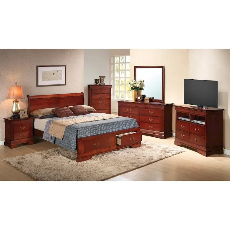 Cherry / White / Cappuccino / Black / Grey Solid Wood King Storage Panel Bed, 1-Piece
