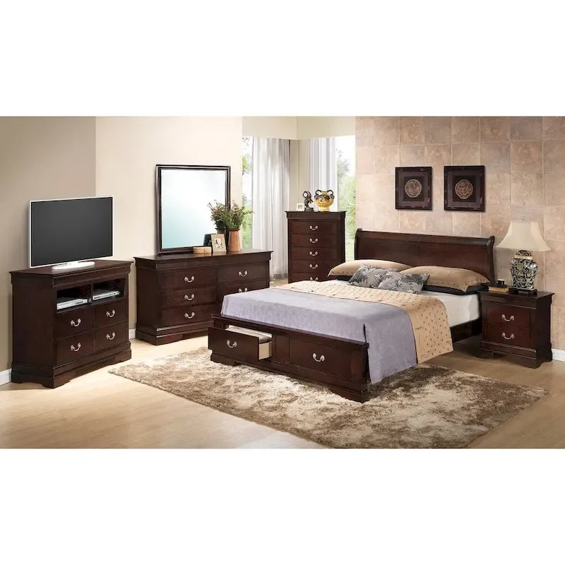 Cherry / White / Cappuccino / Black / Grey Solid Wood King Storage Panel Bed, 1-Piece