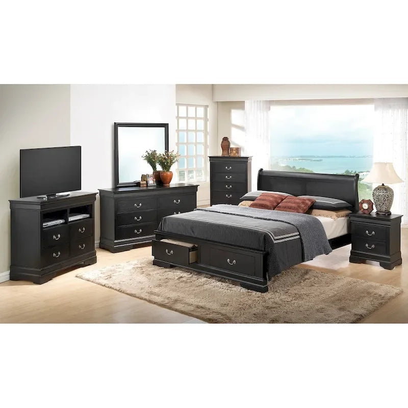 Cherry / White / Cappuccino / Black / Grey Solid Wood King Storage Panel Bed, 1-Piece