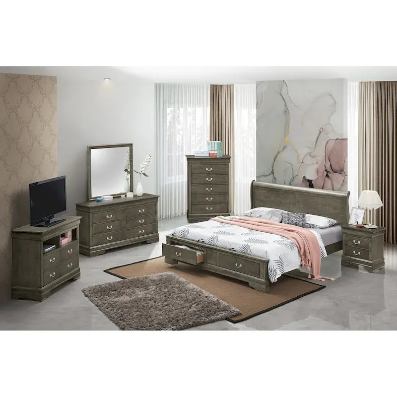 Cherry / White / Cappuccino / Black / Grey Solid Wood King Storage Panel Bed, 1-Piece