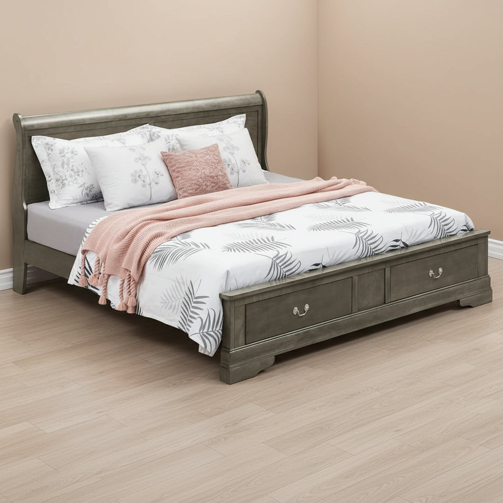 Cherry / White / Cappuccino / Black / Grey Solid Wood King Storage Panel Bed, 1-Piece